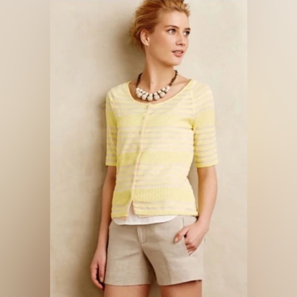 Moth Yellow and Cream Striped Short-Sleeve Knit Cardigan